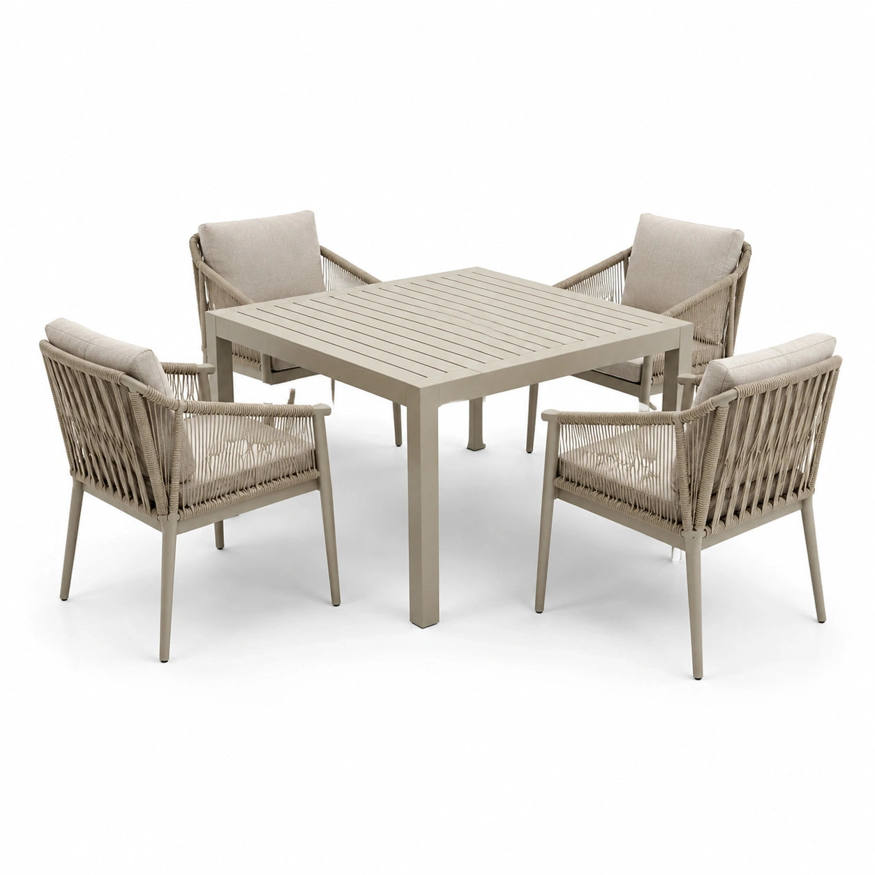 Set da pranzo da giardino in alluminio e corda con cuscini beige, 5 pezzi