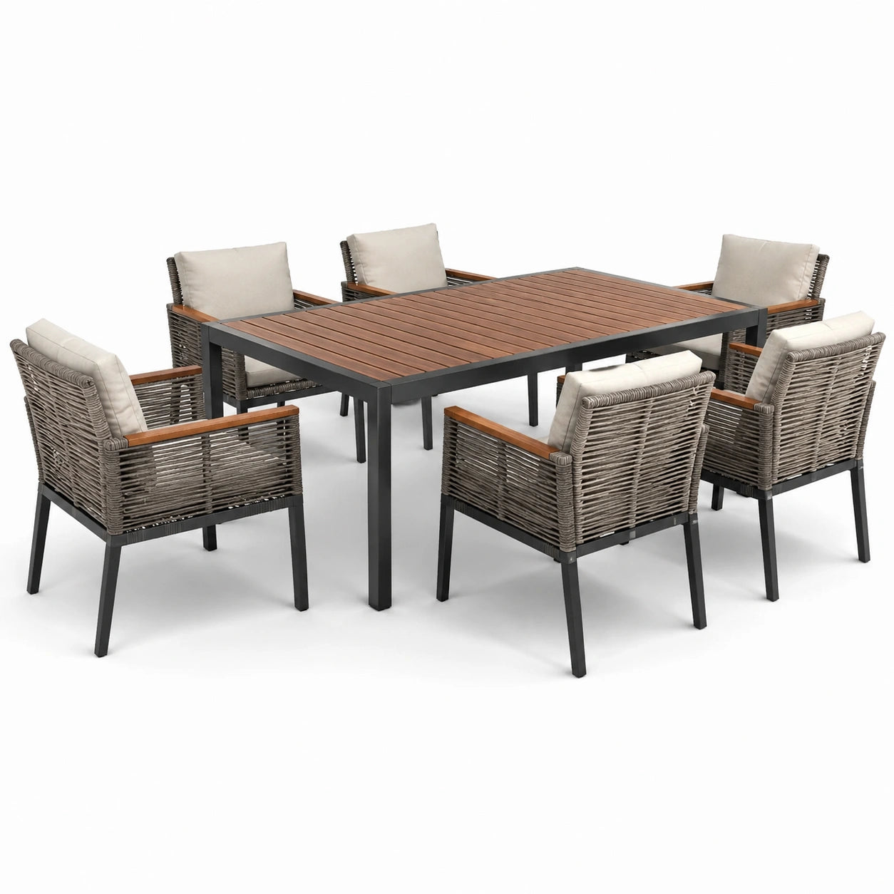 Set da pranzo da giardino in legno e rattan con cuscini