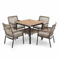 Set da pranzo da giardino in legno e alluminio con sedie in rattan