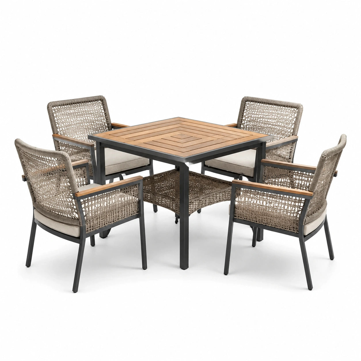 Set da pranzo da giardino in legno e alluminio con sedie in rattan