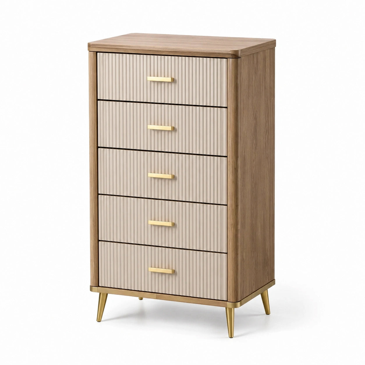 Cassettiera in Legno e Metallo con 5 Cassetti in MDF Beige e Naturale