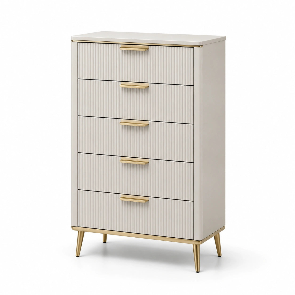 Cassettiera in legno MDF bianco con maniglie e gambe in metallo dorato