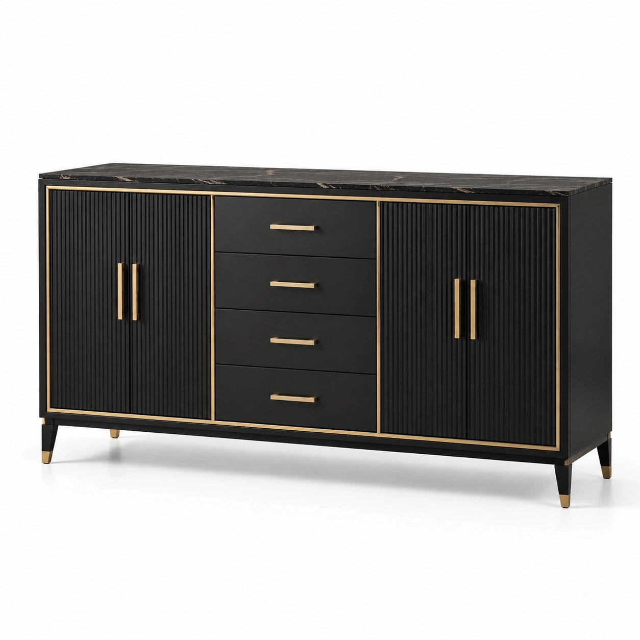 Credenza in legno nero e metallo con finiture dorate
