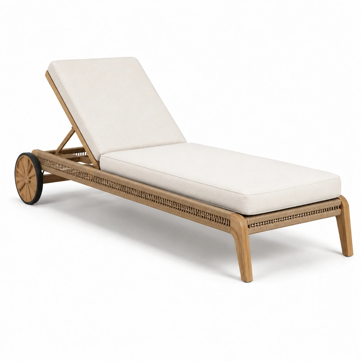 Lettino prendisole in legno e resina con cuscini color crema regolabile 200x70x35 cm