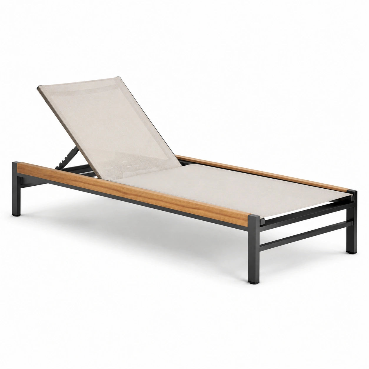 Lettino prendisole in metallo e tessuto beige con dettagli in teak