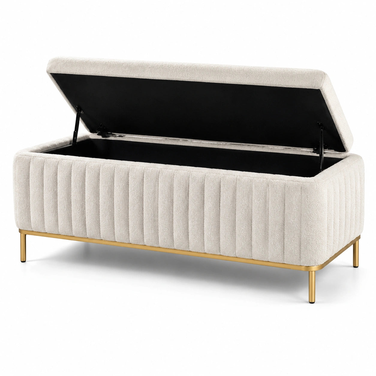 Panca contenitore in tessuto bouclé beige con gambe in metallo 45x120x40 cm