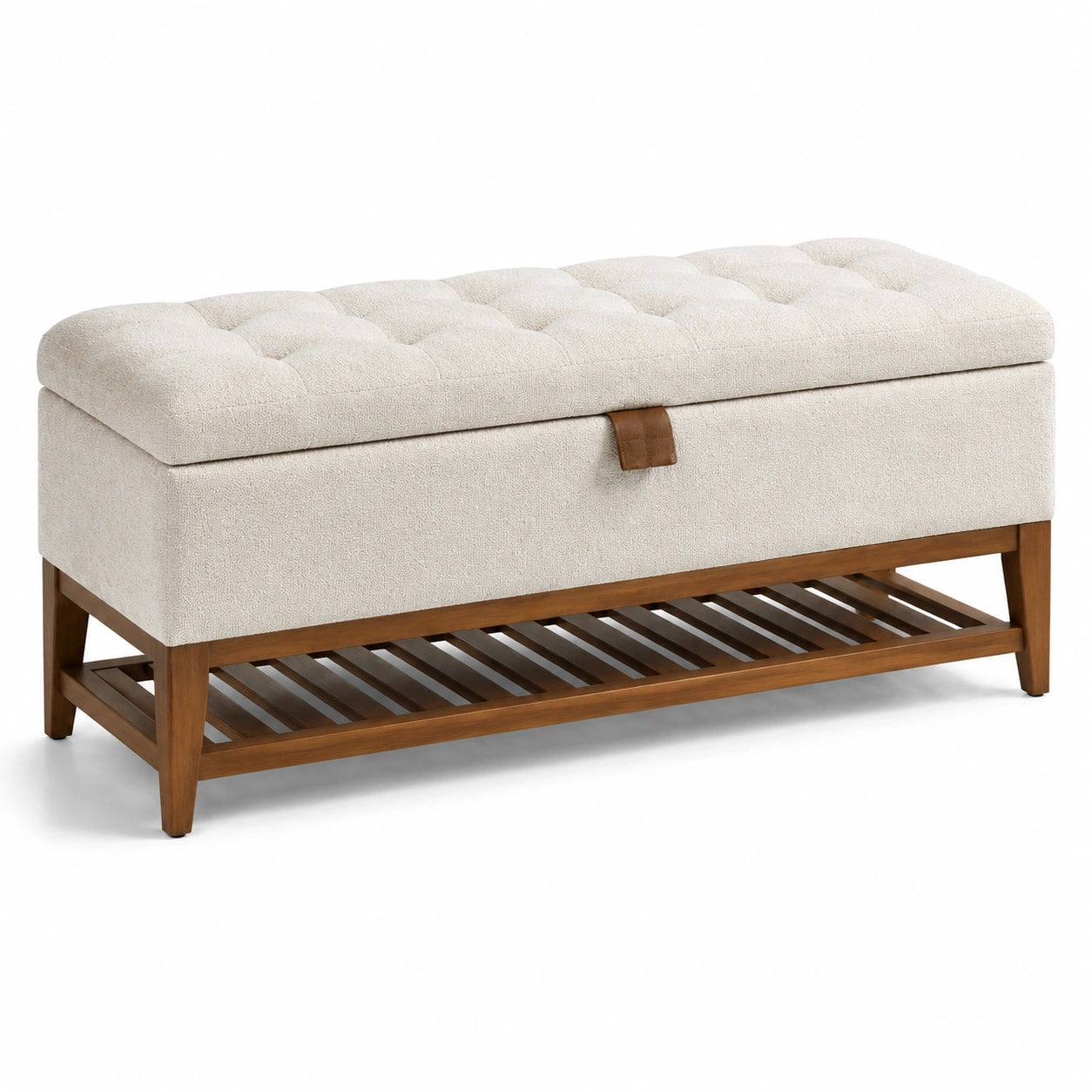 Panca contenitore in legno e tessuto con ripiano 120 cm beige