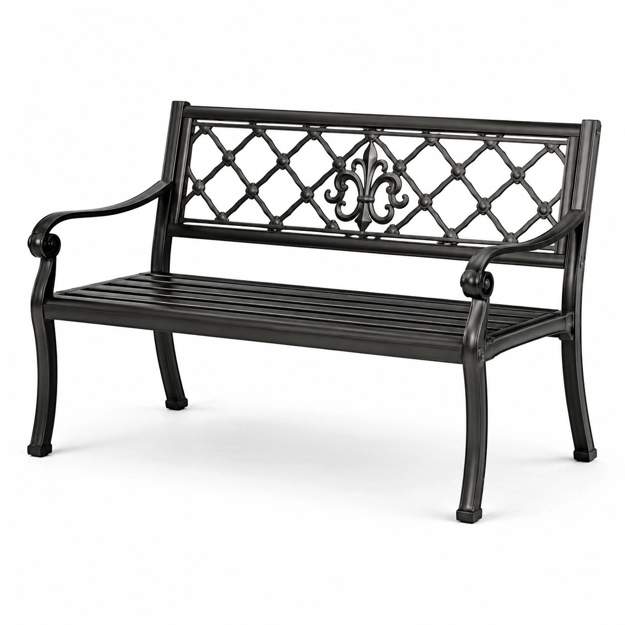 Panchina da giardino in ferro nero con schienale decorativo