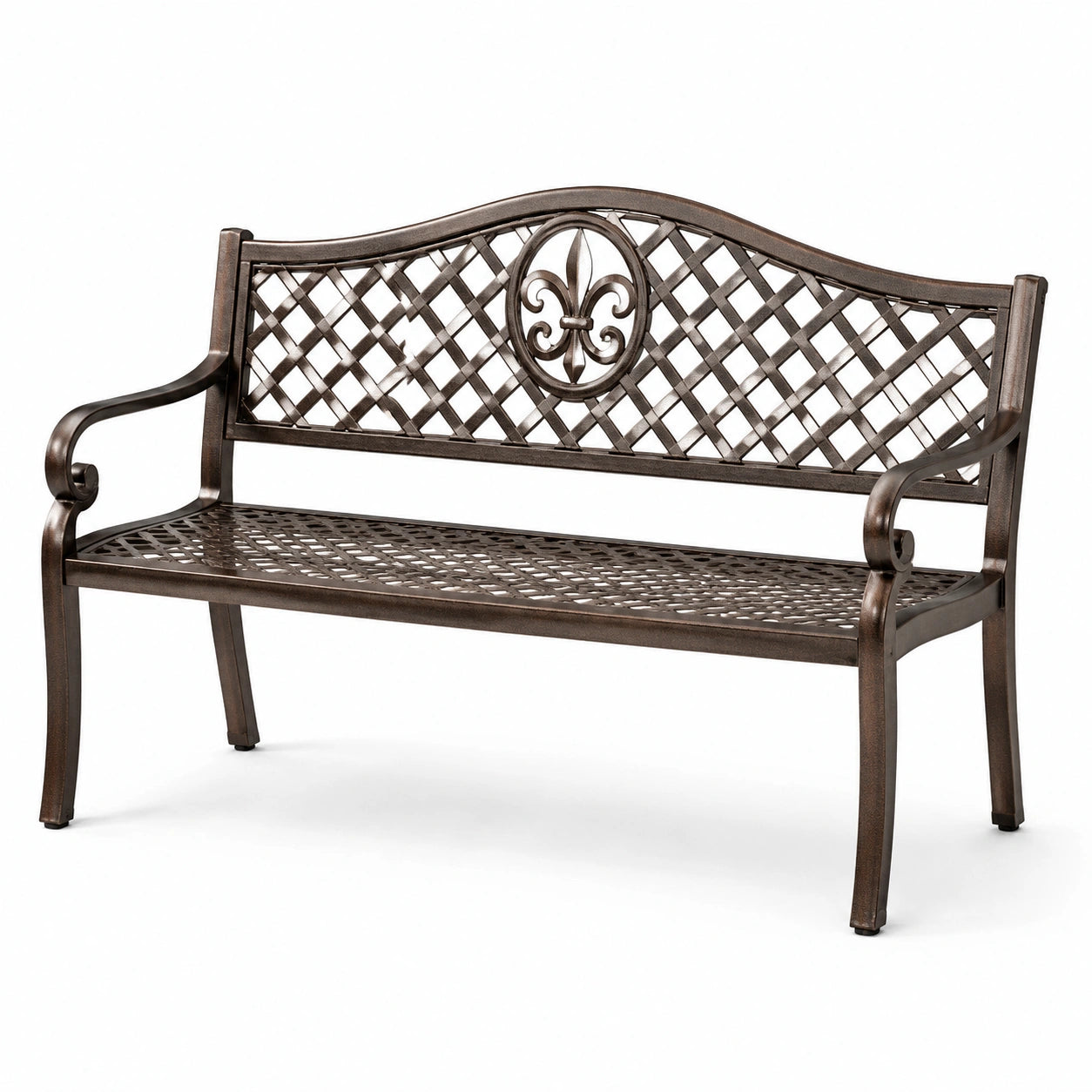 Panchina da giardino in alluminio bronzo con schienale decorato