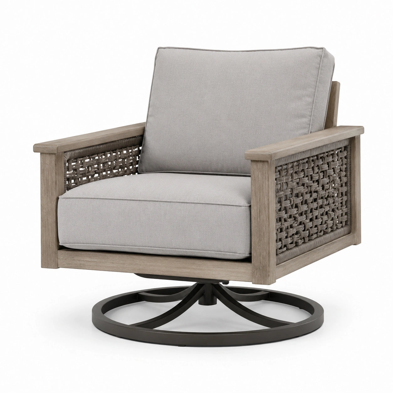 Sedia girevole in legno e tessuto grigio con base in metallo