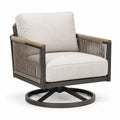 Poltrona girevole in metallo e legno con cuscini in poliestere beige