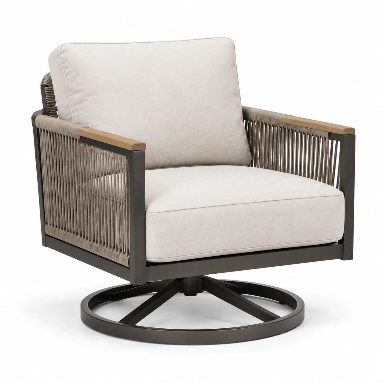 Poltrona girevole in metallo e legno con cuscini in poliestere beige
