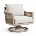 Poltrona girevole in legno e vimini sintetico con tessuto beige