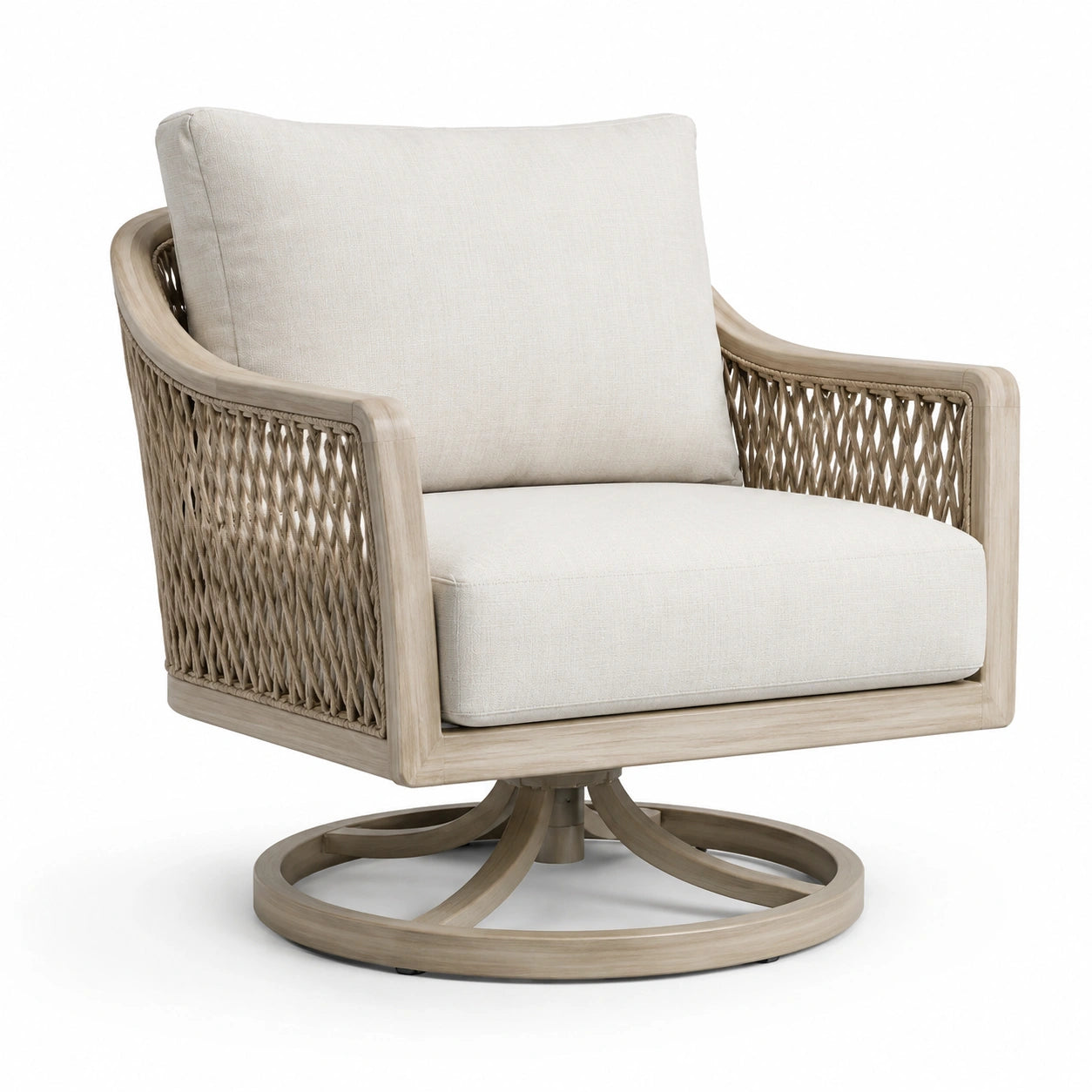 Poltrona girevole in legno e vimini sintetico con tessuto beige